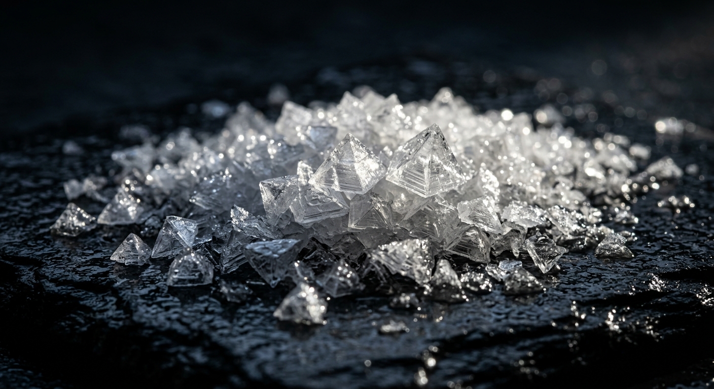 Macro crystals of Cornish sea salt sparkling on dark slate